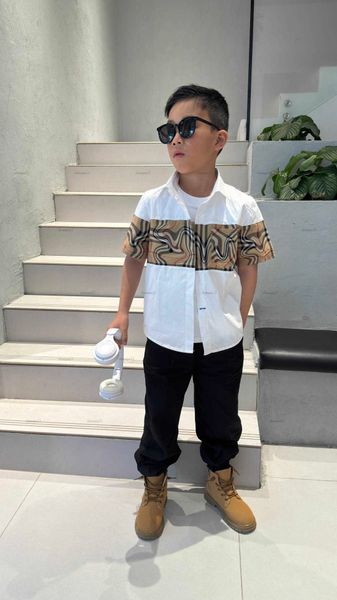 Luxury baby Short sleeve Shirt Checker splicing design Child lapel T-shirt Size 100-160 CM kids designer clothes boys Blouses