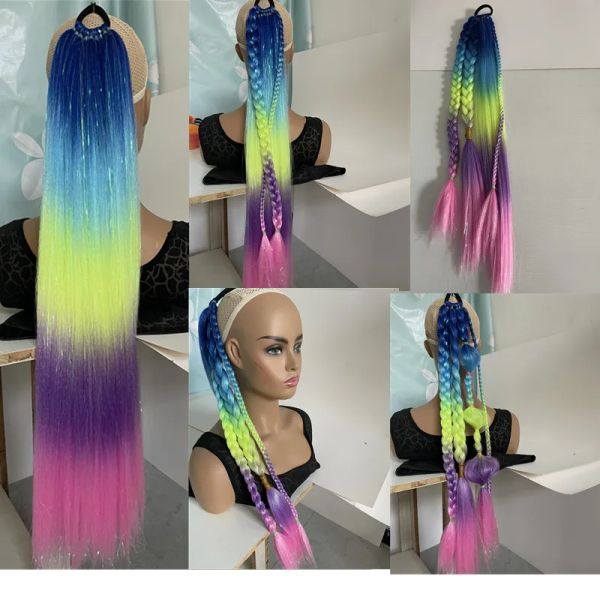 Synthetic Glitter Ponytail DIY Festival Braids Hair Extensions Tinsel Braids On Elastic Band 9 Strands for Girls Bubble Braids