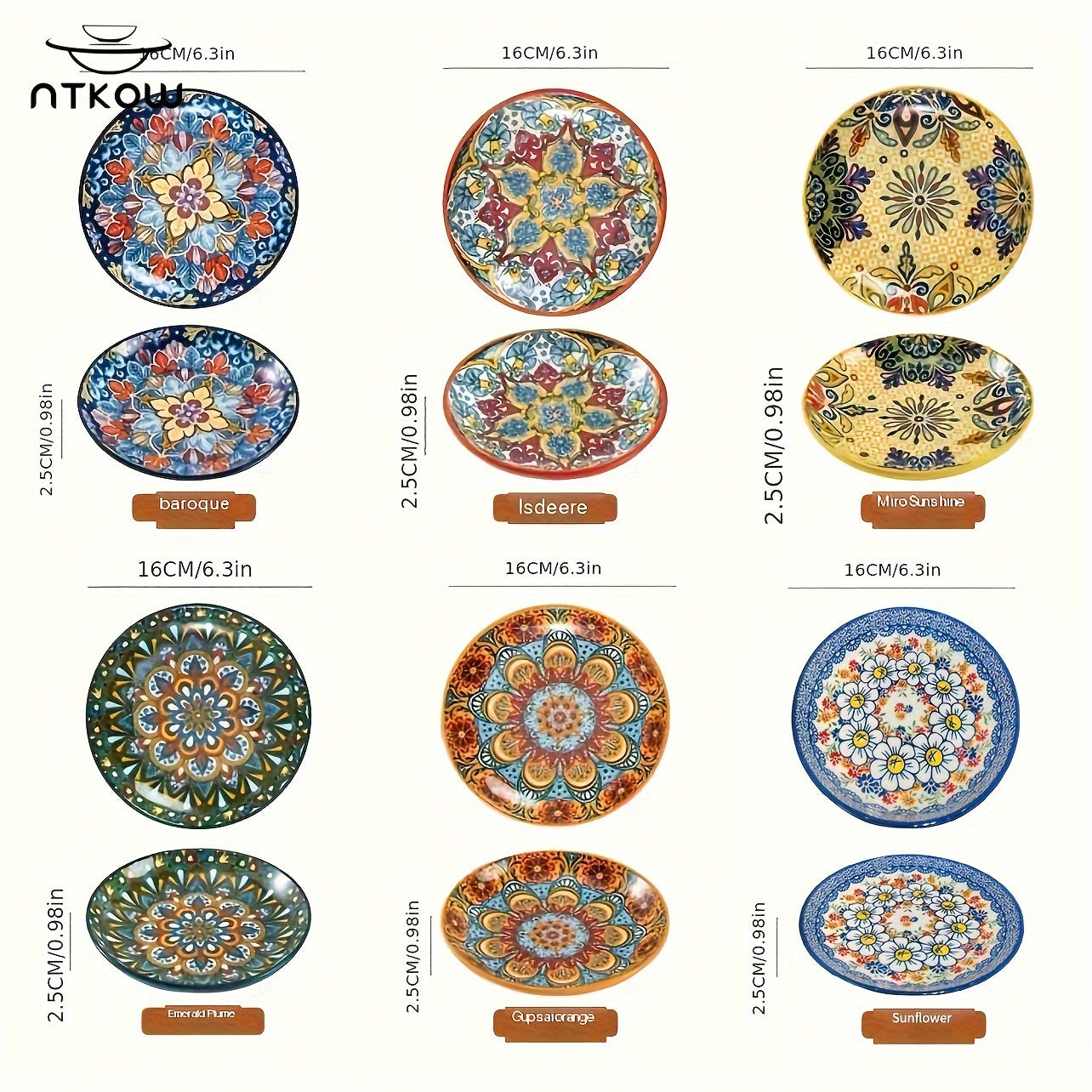 TEMU Ntkow 1 Set Of 6pcs Bohemian Underglaze Plates! Hand-painted Shallow Plates With Bohemian Patterns, Ideal For Fruits, Cold Dishes & Hotel Bone