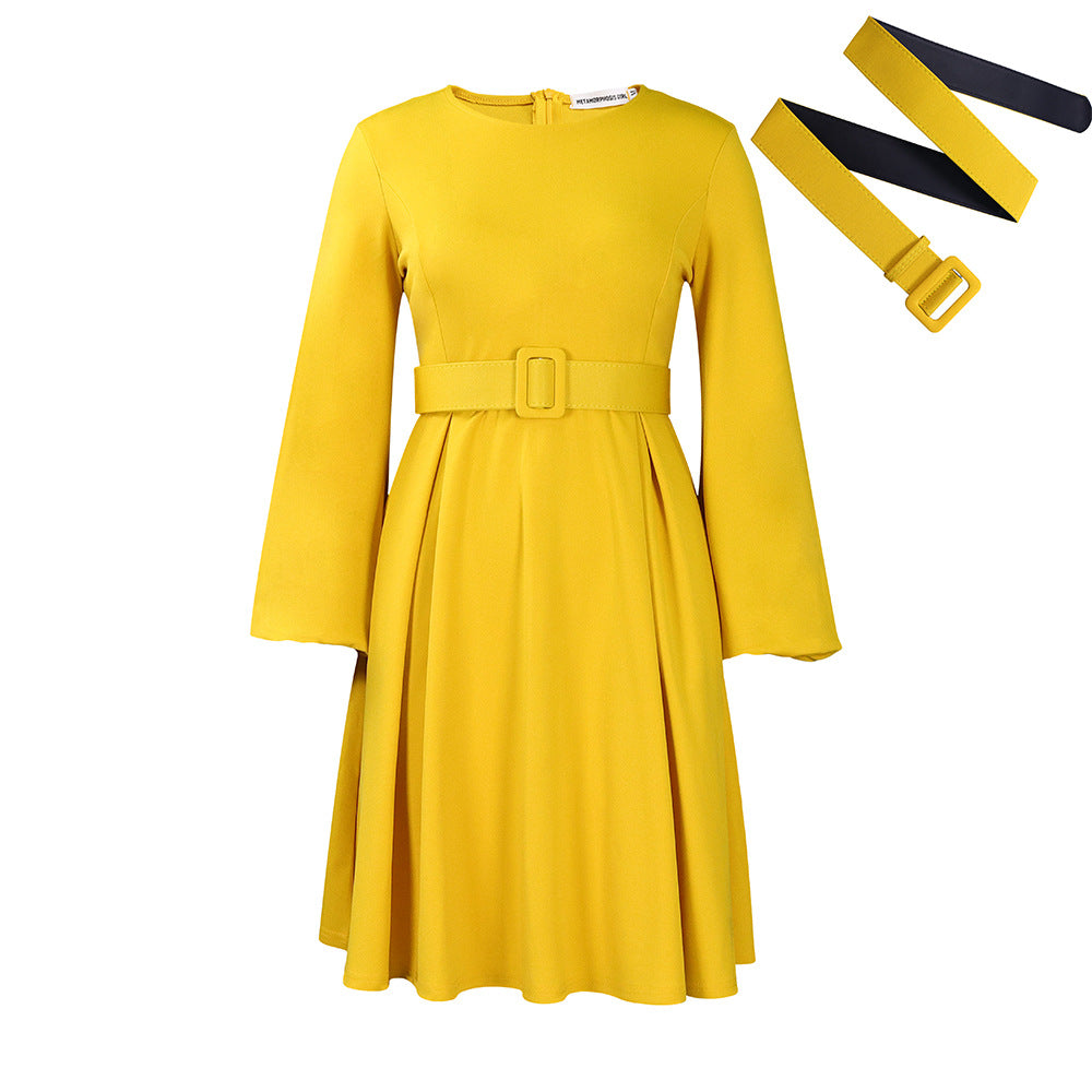 (263) Belt women&#039;s autumn and winter new long-sleeved elegant temperament round neck large swing dress