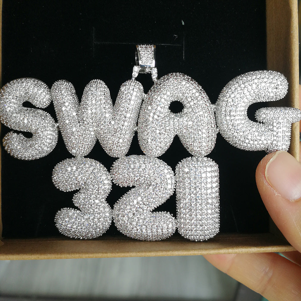 TopBling A-Z Custom Name Bubble Letters Pendant Necklace Bling Full Zircon Hip Hop Jewelry