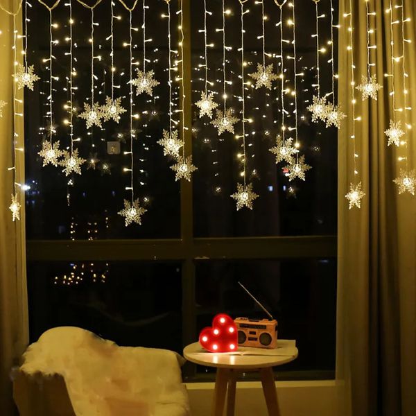 Christmas Decorations 3.2M Christmas Snowflakes LED String Lights Flashing Fairy Curtain Lights Waterproof For Holiday Party Wedding Xmas De