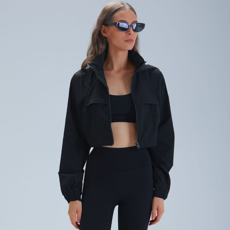 Zipper Jacket Crop Hooded Coat Lightweight Windproof Running Sport Gym Clothes Slim Fitness Quick Dry Athletic Top Yoga Wear