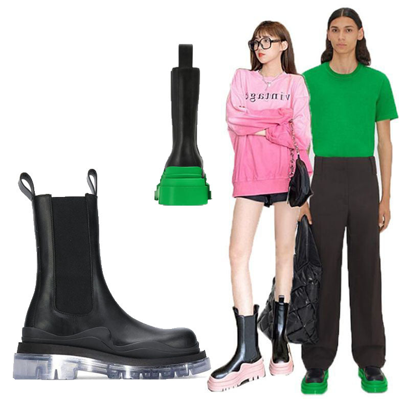 AAA Women Bottega Black-transparent soles boots Hipster luxury Man Tire Leather Chelsea booties Men platform chunky shoes lady Knight High-boots des