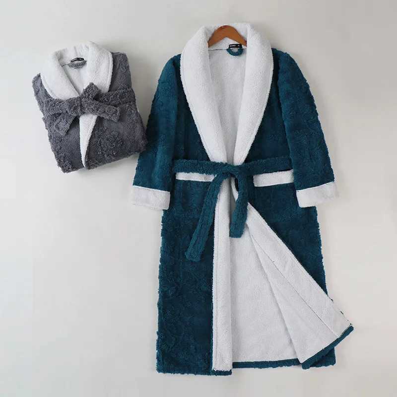 Plus Size Thick Jacquard Flannel Robe Men Long Kimono Bathrobe Gown Autumn Winter Warm Coral Fleece Male Sleepwear Home Clothes Y240919