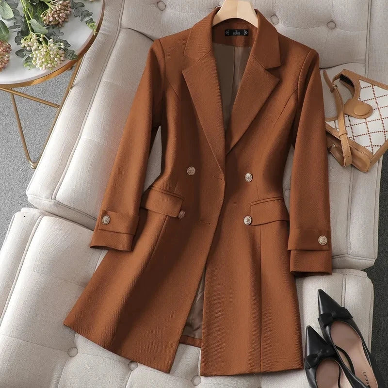 Autumn Winter Jacket Women Long Blazer Khaki Coffee Black Office Ladies Formal Jacket Business Work Wear Coat Female Outerwear 240306