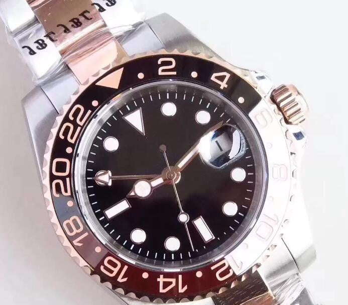 Multiple Colors Super Mens Watches Two Tone Everose Root Beer Brown GMT Function Automatic Black Ceramic Bezel 40MM Sapphire Crystal Wristwatches 12