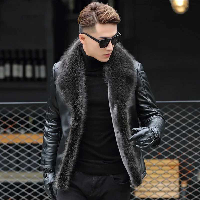 Mens genuine leather coat raccoon fur collar fur mens thick leather jacket winter ultra-thin fur coat sheepskin coat cardigan mens W241009