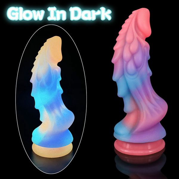 Dildos-Dongs Luminous Dildos Colourful Glowing Huge Penis Anal Butt Plug G-spot Toys Shaped Dragon Monster Dildo with Suction Cup Women 2308