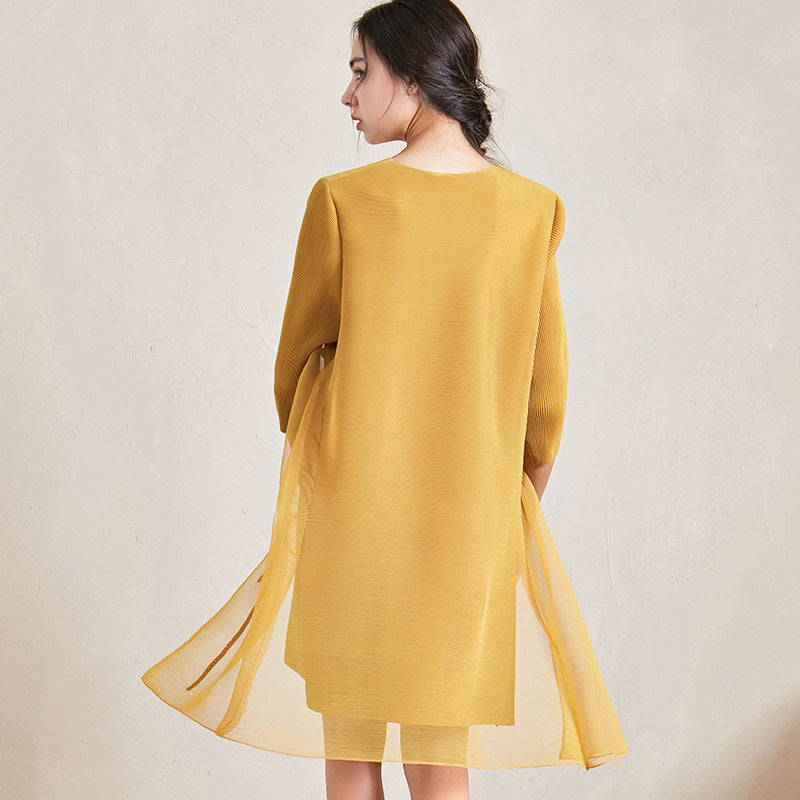 (496) Mesh slit hot diamond fake two-piece dress women&#039;s spring and summer three-bedroom flower a-line petite dress