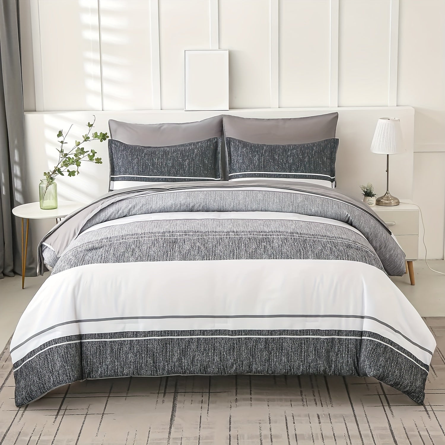 TEMU 7pcs Printed Comforter Set In White And Gray Striped Design - Comes With Comforter, Flat Sheet, Pillowcase And Pillow Case,, Soft Microfiber,