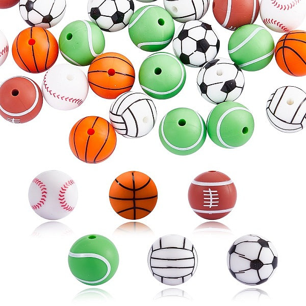 12Pcs 6 Style Basketball-Soccer-Tennis-Baseball-Rugby-Volleyball Silicone Beads