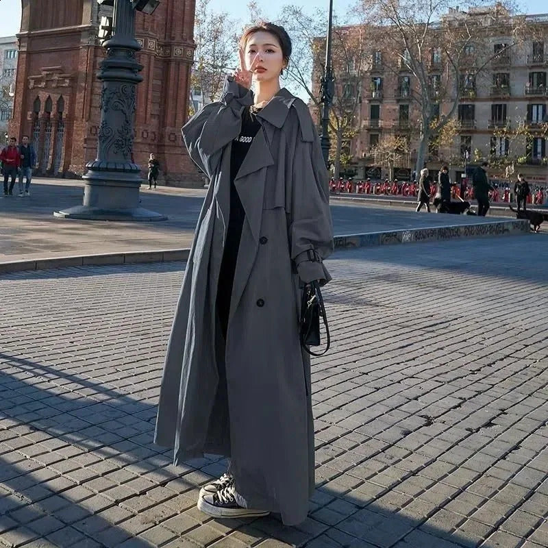 Spring Autumn Extra Long Flowy Oversized Casual Trench Coat for Women Belt Double Breasted Loose Korean Fashion Trench