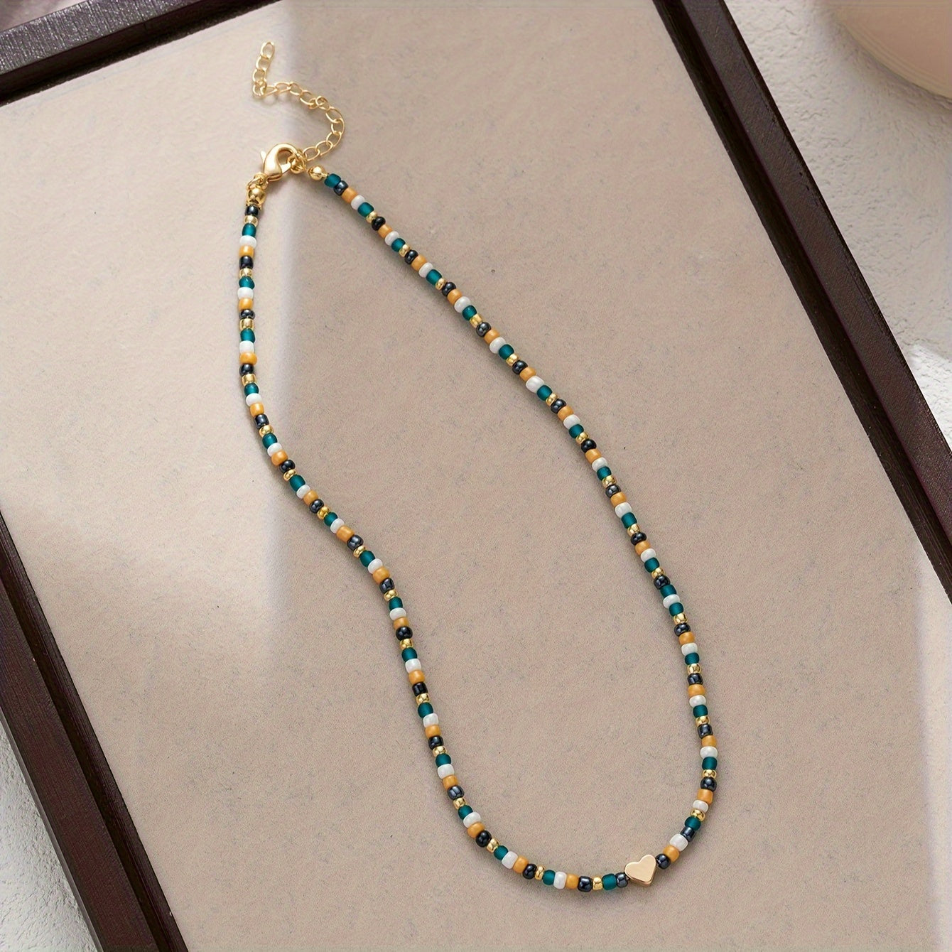 TEMU 1pc Bohemian Handmade Beaded Necklace With Pendant - Green & Golden Bead Choker For Women, Casual Attire, Vacation Jewelry, Holiday Gift