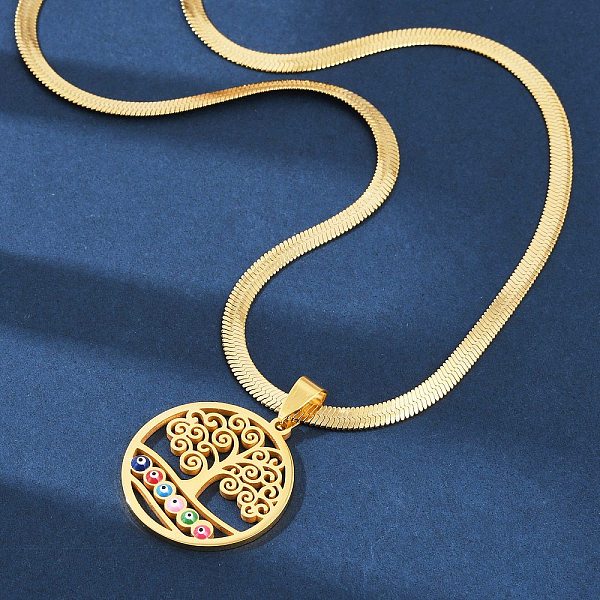Collares colgantes de cadena de espiga de acero inoxidable 201 con diseño de árbol de la vida y mal de ojo.