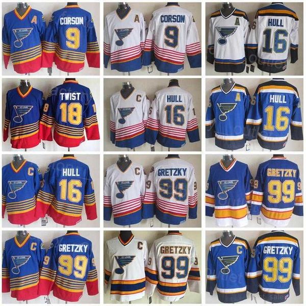 Retro Blues Throwback Hockey 18 Tony Twist Jersey 16 Brett Hull 9 Doug Gilmour 99 Wayne Gretzky Vintage Classic Blue White Stitched 1995 shi