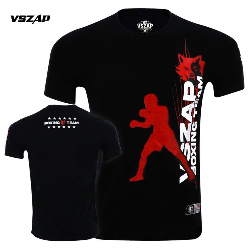 VSZAP Boxer Short Sleeve Fiess Wolf Pure Cotton T-shirt Summer MMA Training Elastic Fighting Sanda Sports Top