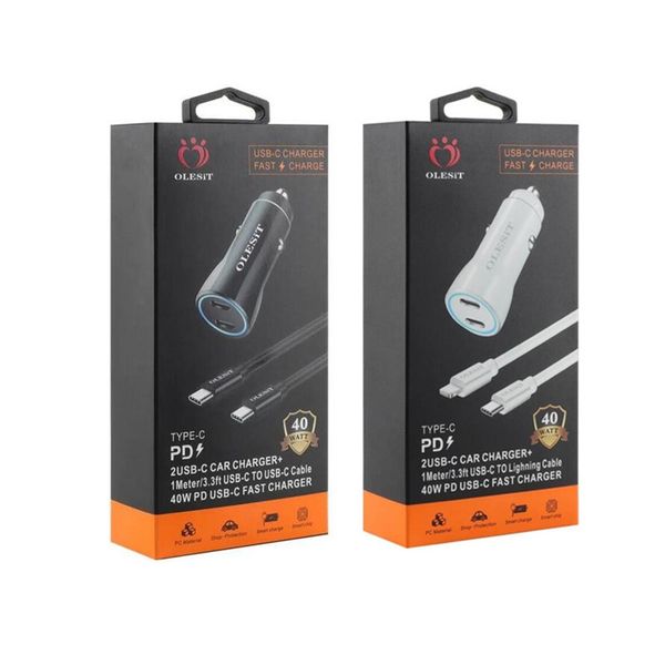 Olesit USBC Dual Type C Ports Car Charger 40W PD USB-C Fast Quick Charging Cable Cell Phone Chargers Adapter For IPhone 13 14 15 16 Pro Max