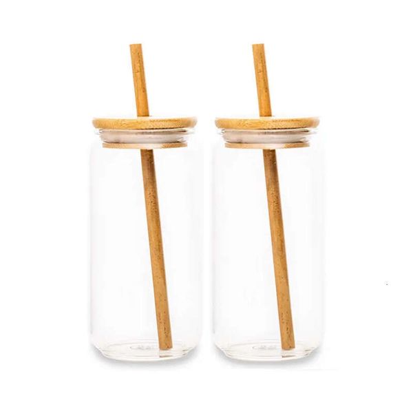 Wholesale Reusable Eco-Friendly 12Oz 16Oz 500Ml Large Cola Beer Drinking Borosilicate Glass Can Cup With Bamboo Lid And Straw