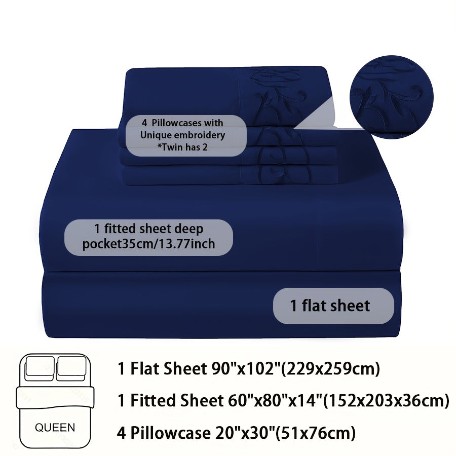 TEMU 4-6pcs Solid Color Microfiber Bedding Set 110gsm 2-4 Embroidery Swirl Pillowcase 1 Flat Sheet 1 Fitted Sheet (14 Inch Deep Pocket) For Bedroom