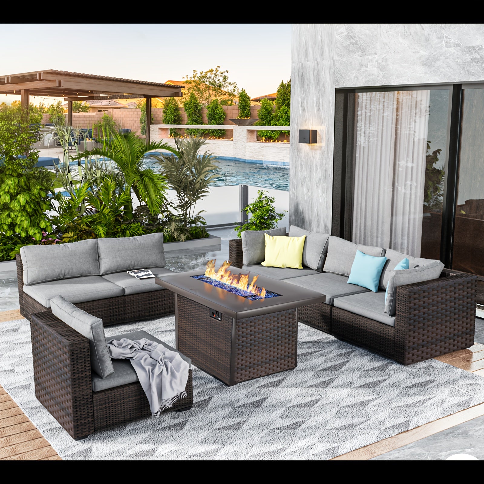 TEMU 7pcs Pe Rattan Wicker Outdoor Sectional Patio Furniture Set With Fire Pit Table, Memory Foam Cushions & Brown Tapered Legs - Modular L-shaped Or