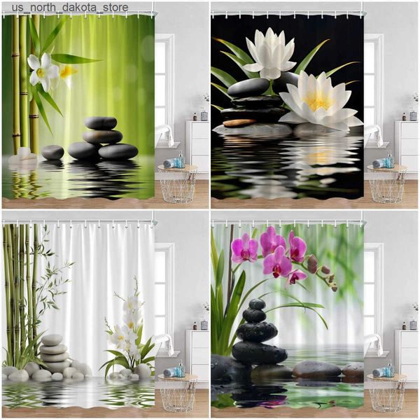 Shower Curtains Zen shower black stone green bamboo lotus flower spa candles purple orchid natural leaves curtains meditation bathroom decor