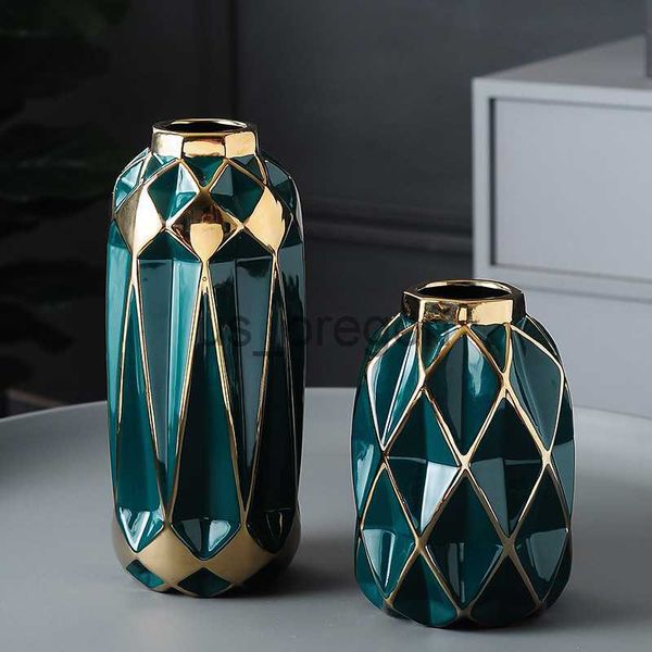 Vases Modern Ceramic Diamond Vase Luxury Golden Side Flower Container Abstract Art Desktop Flower Bottle Home Living Room Decoration x0630