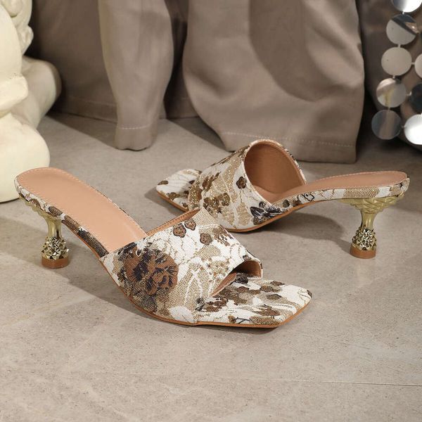 Sandals women shoes slide heel sandals kitten heel square floral pattern simple head women&#039;s high heels fashionable sandals women