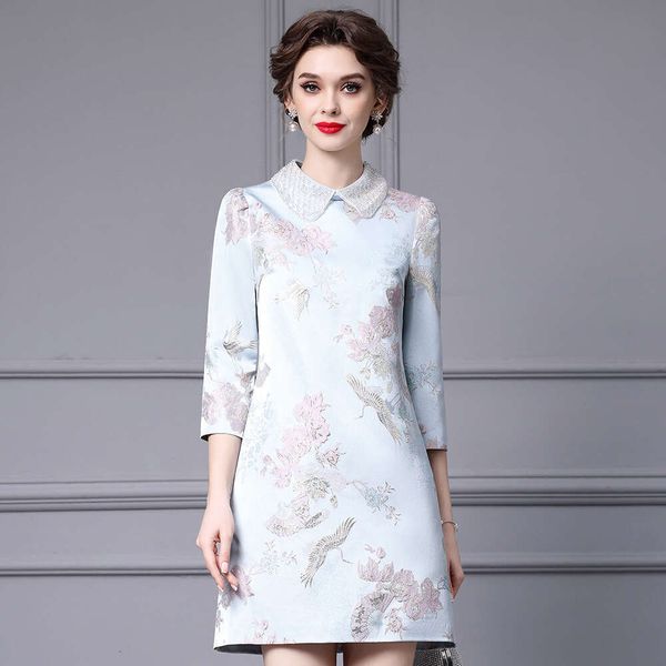 High-end Exquisite Embroidery Jacquard Lace Doll Collar New Chinese Style Improved Cheongsam Dress 2024 Spring and Autumn Collection Waist O
