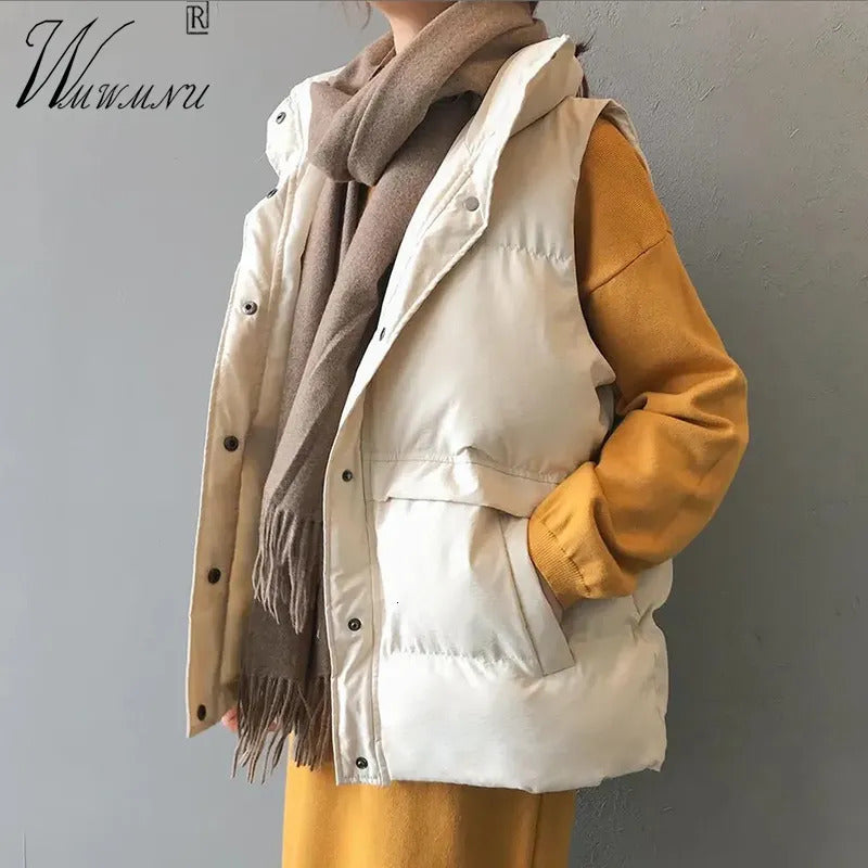Women&#039;s Vests Casual Loose Down Cotton Vests Women Winter Parkas Warm Padded 80kg Oversize Waistcoat Fashion Stand Collar Sleeveless Coat 23110