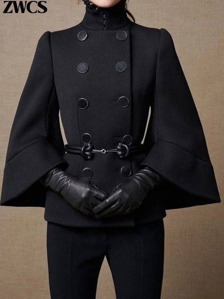 Double Breasted High Neck Jacket Women Solid Flared Sleeves Buttoned Coats Ladies 2024 Elegant Lace Up Slim Outerwear 240715