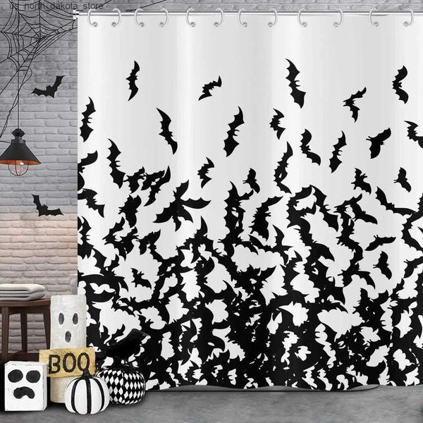 Shower Curtains Halloween shower curtain black bat Halloween horror pattern shower curtain ghost bat bathroom curtain with hook decoration J