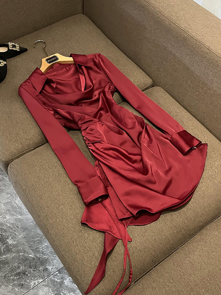 2024 Autumn Black - Wine Red Solid Color Ruched Dress Long Sleeve V-Neck Short Casual Dresses D4S213173 Check Size Chart Please