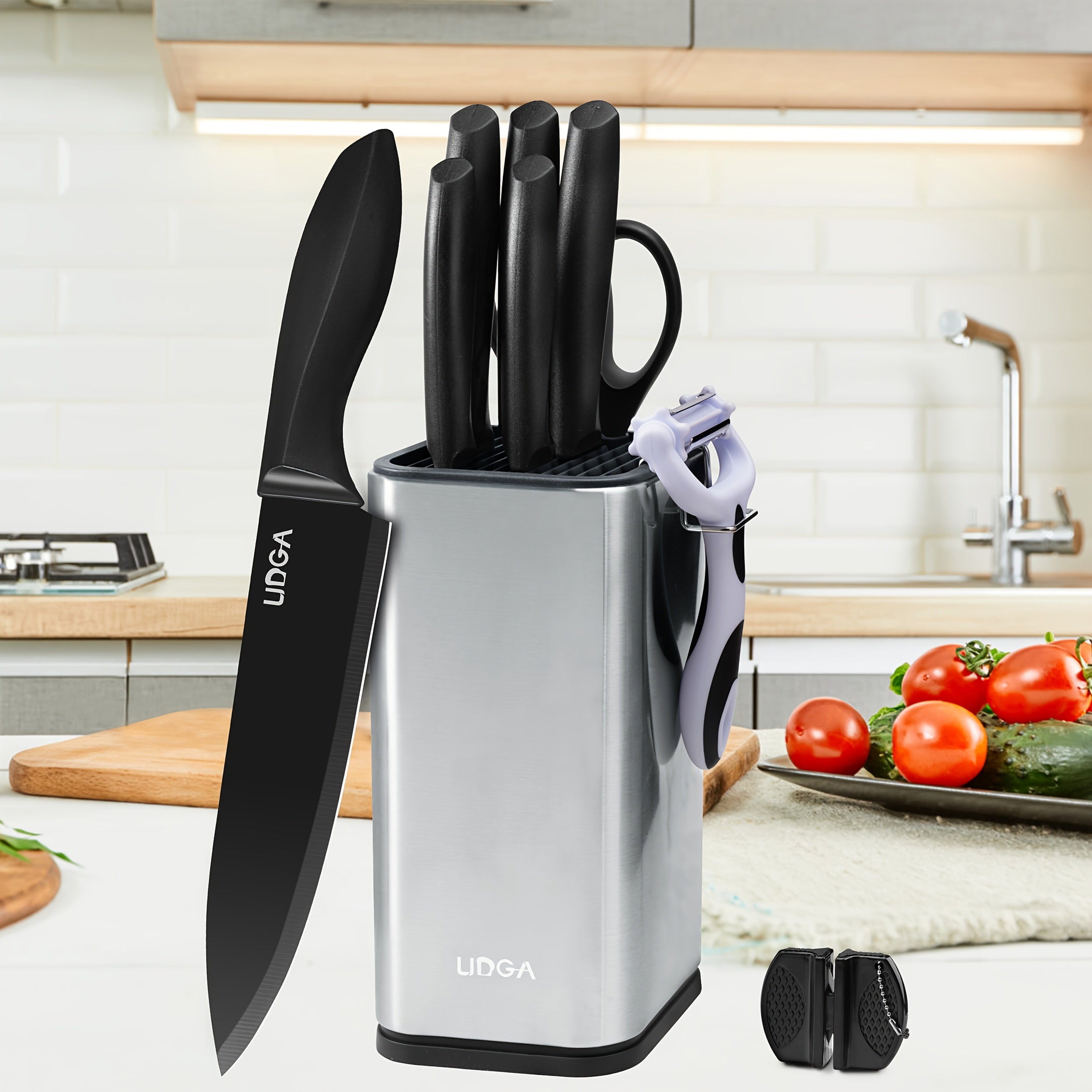 TEMU 10pcs-set Household Kitchen Black Non Stick Set Knife, With 5 Stainless Steel Knife Holders For Kitchen Knives, Scissors, Multifunctional Planer