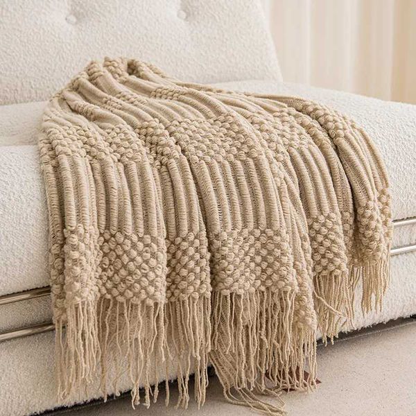 Khaki gift knitted blanket Tassel rough retro luxurious farmhouse throw bed oversized blanket cover Mantapara sofaX240902