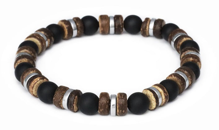 Agato Bracelet with onyx, coconut wood and hematite beads MINK168-20