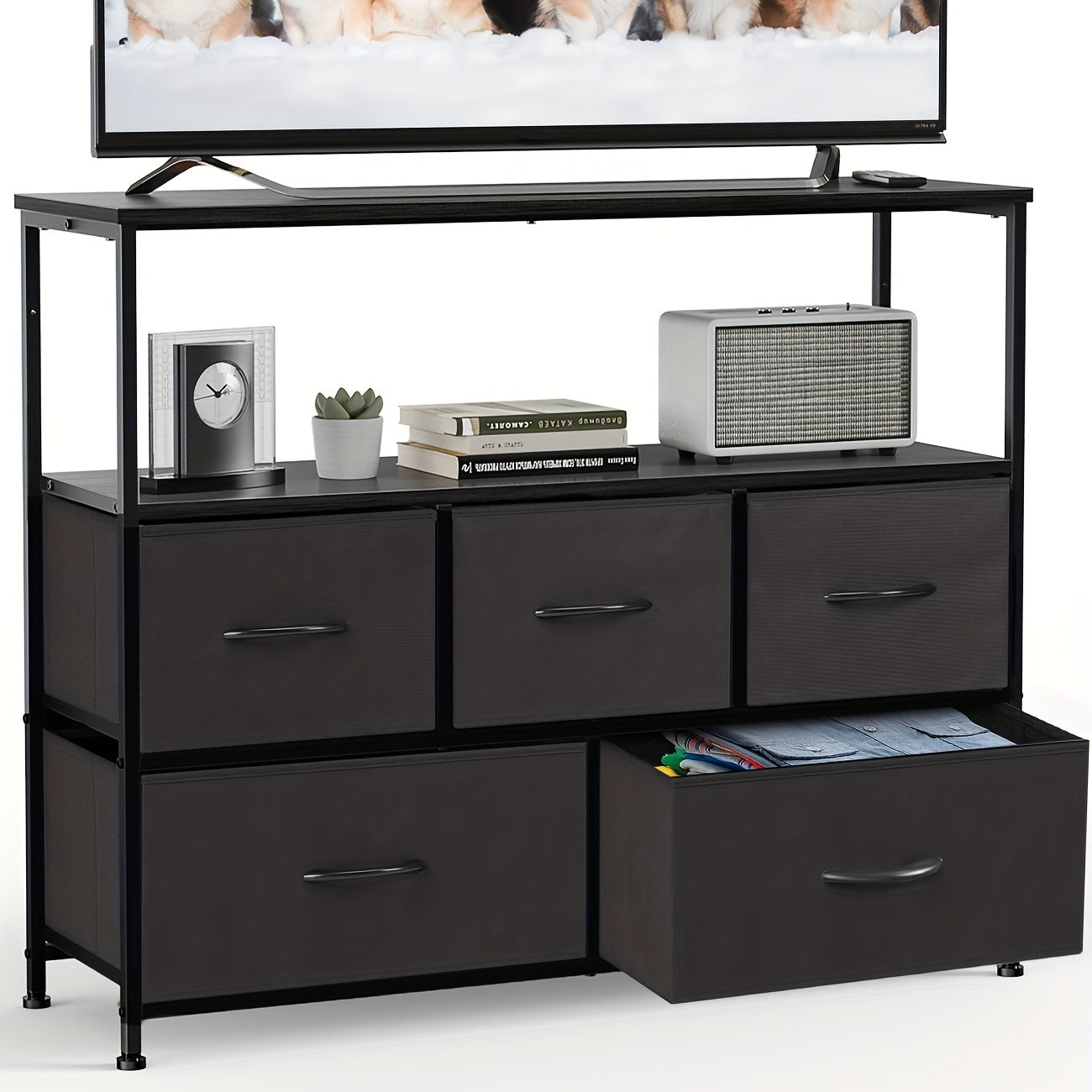 TEMU Edx 5 Drawers Tv Stand With Sturdy Iron Tv Mount Set, Tv Stand For 26 To 55 Inch Tv, Fabric Storage Bins, Dresser & Chest Of Drawers, Storage