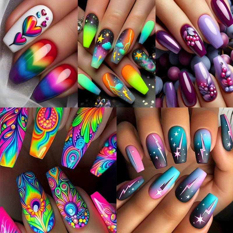 TEMU 120pcs (5pcs) Medium-length Coffin Press-on Nails In Vibrantpink & Multicolor - Glossy Finish, Full Cover Acrylic Fake Nails Withcolorful Dot