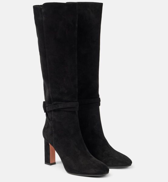 Famous Winter Very Bow Tie Suede Knee-high Boots Women Suede Leather High Heels Party Wedding Dress Lady Knee Booty L240912