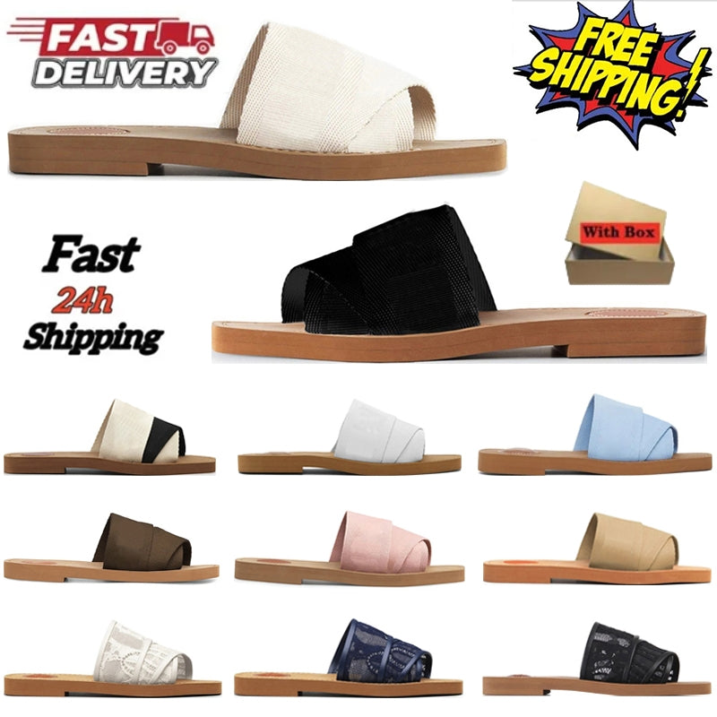 With Box Designer Woody Flat Mule Women Sandals Beach Slippers Summer Canvas Slides Embroidered Fall Waterproof Luxury Comfortable Fabric Size 35-42