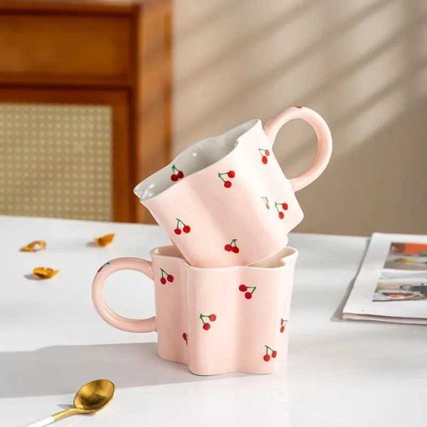 Hand drawn Cherry Cup Creative Irregular Water Cup Girl Cute Pink Handmade Ceramic Milk Cup Ceramic Coffee Cup 2023 Gift CL240905