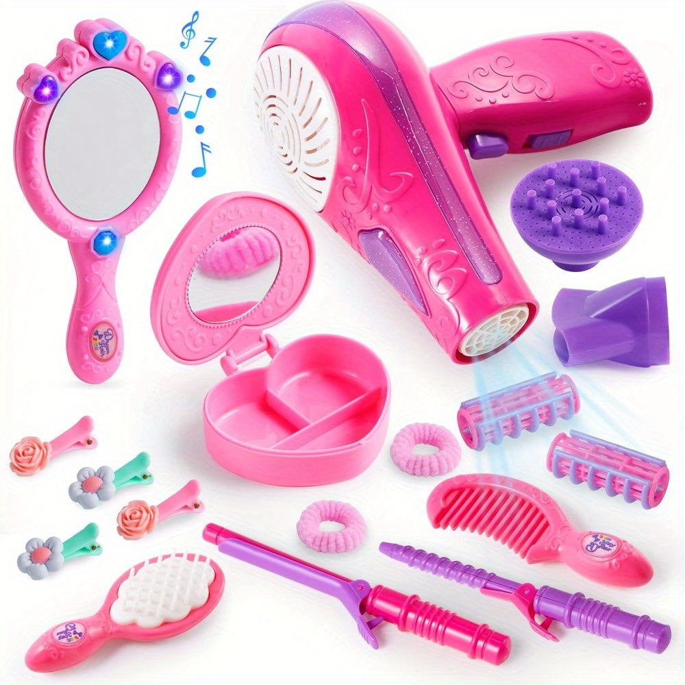 TEMU Syncfun 17pcs Girls Beauty , Pretend Play Doll Hair Stylist Toy Kit With Hairdryer, Mirror, Curling Iron And Other Accessories For Kids Fashion