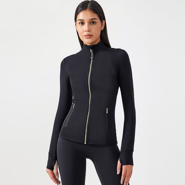Gold Zipper Yoga Jaqueta Stand Up Collar Yogo Roupes Streling Sleeve Fole Treinamento de Polos Executados Mulheres Mulheres Slim Fitness Cas