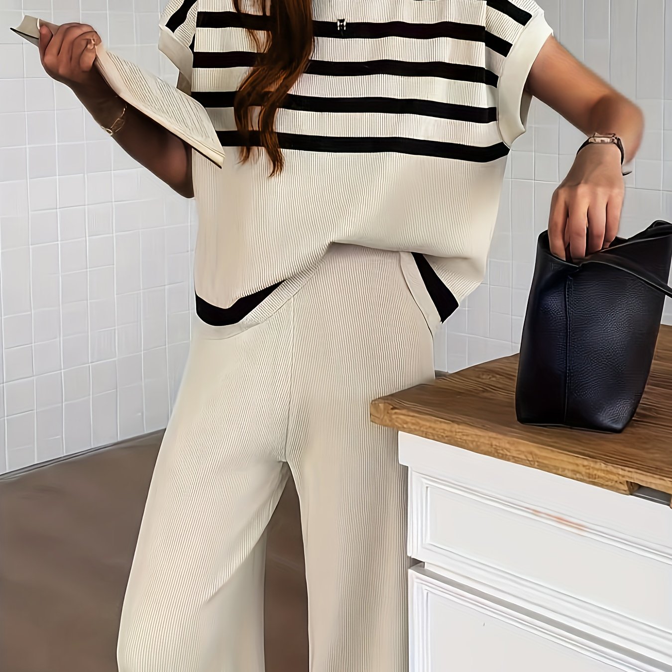 TEMU Spring-summer Women' High-end Striped Cardigan Sweater + Fashion Loose Wide-leg Pants Set, Stripe Contrast Casual