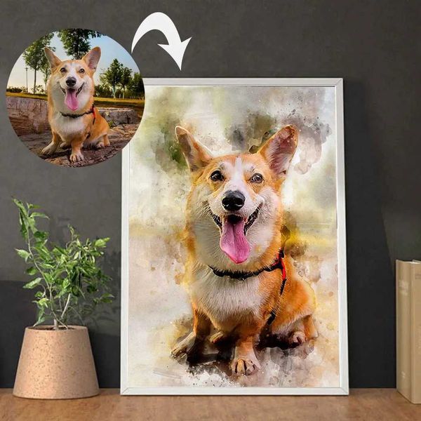 Customized pet portrait posters and printed dog and cat canvases vintage style animal images watercolor home wall art decorations W241109