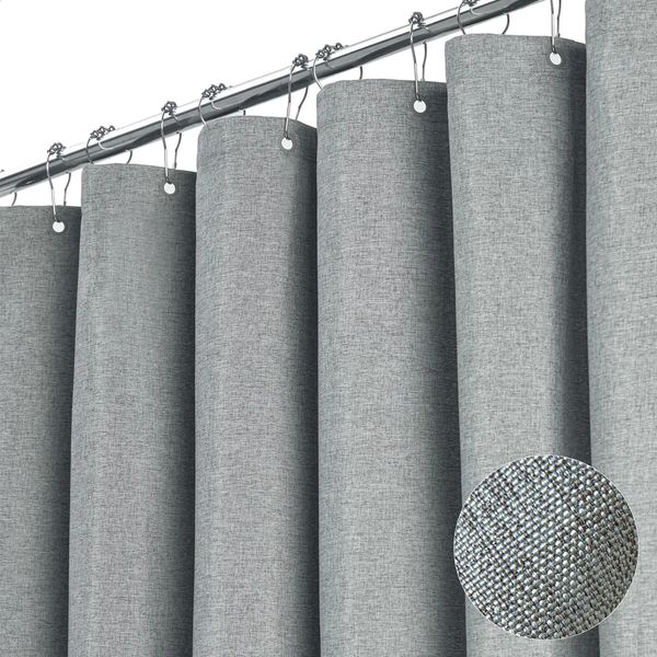 KWater shower curtain elegant thick gray linen polyester waterproof bathroom with hooks Japan 220cm 240828