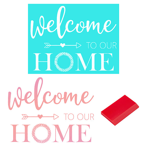 2 plantilla de serigrafía autoadhesiva con diseño de palabra "Bienvenido a nuestro hogar"