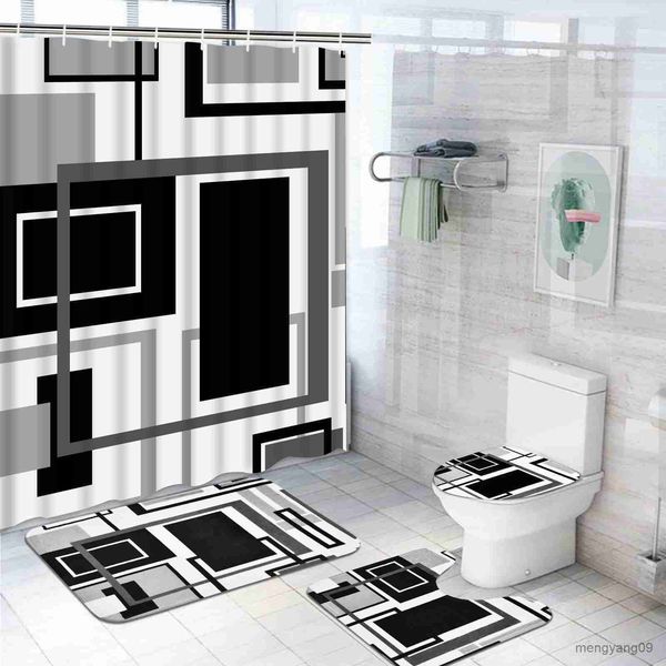 Shower Curtains Geometric Blue Shower Curtain Set Non-Slip Rug Cover Bath Mat Black Gray Bathroom Decor Set Waterproof Shower Curtain R23083