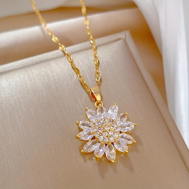TEMU Women's Elegant Sunflower Necklace - Golden-tone Chain With Sparkling Floral Pendant, Everyday & Special Occasion Jewelry Gift For Wife, Mother,