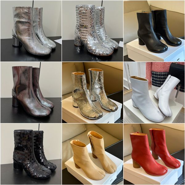 Designer boots broken mirror tabi boots silver split toe women tabi shoes ankle boot luxury booties 100% calf leather chunky heels brand boo